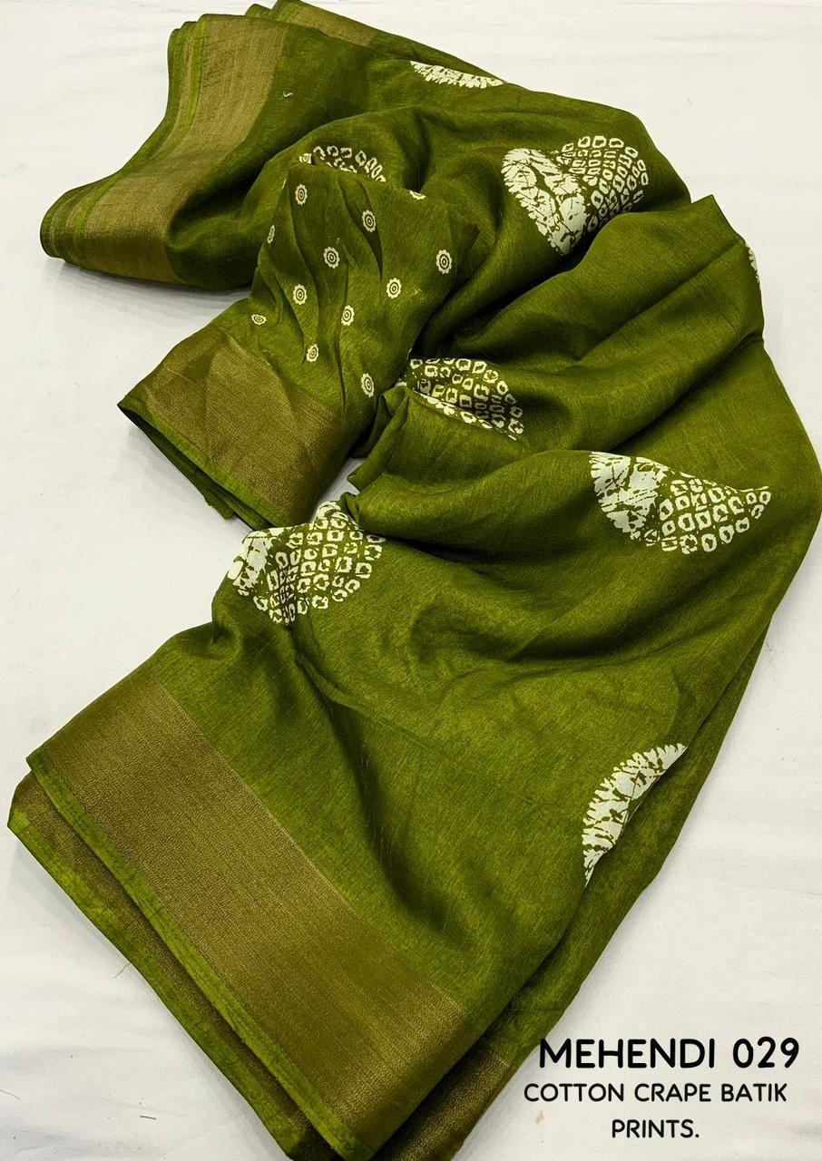 Mehndi Cotton Crepe Batik Print Saree with Unstitched Blouse - Hiral Fashion | Grocsy