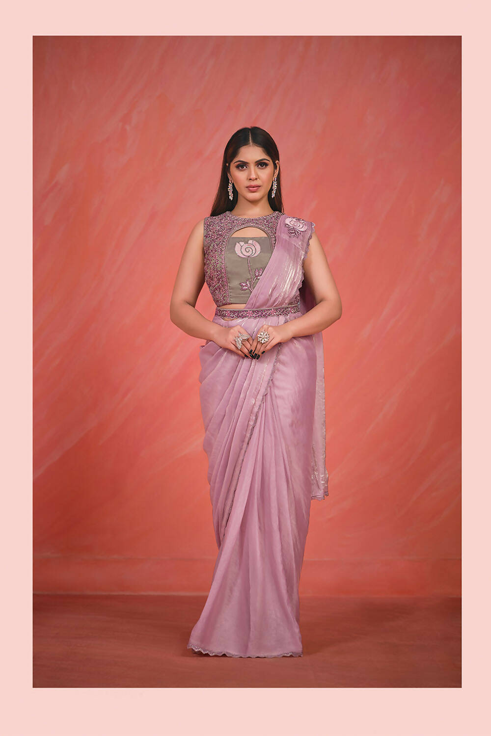 Pink Satin Silk Thread & Sequence with handwork Saree With Stitched Blouse - Mohmanthan Elegancia | Grocsy