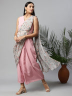 Ahalyaa Women Baby Pink Crepe Georgette Saree Dress With Printed Pallu | Grocsy