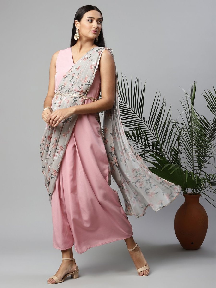 Ahalyaa Women Baby Pink Crepe Georgette Saree Dress With Printed Pallu | Grocsy
