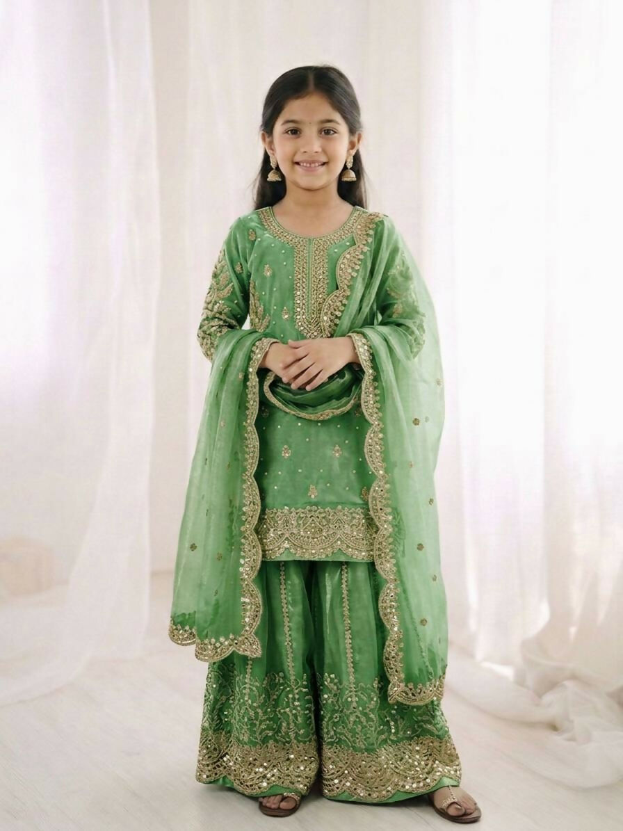 Teeya Creation New Trendy Fully Stitched Ready to Wear Kids Kurta Palazzo Set-Green | Grocsy