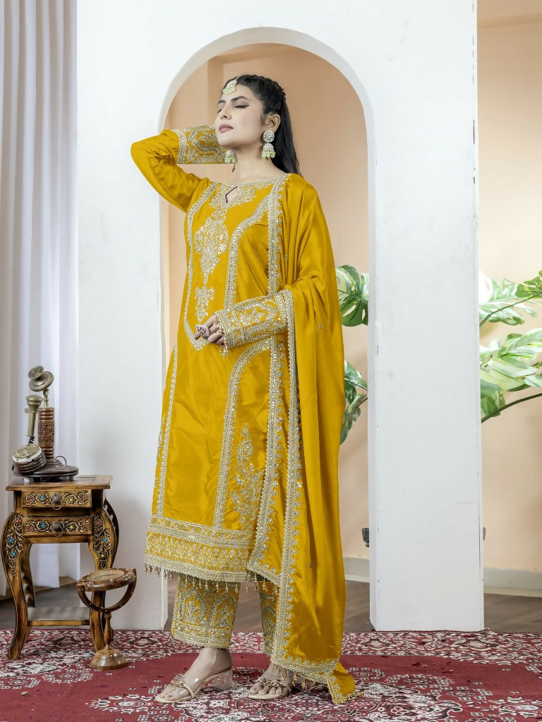 Teeya Creation Yellow Color Chinnon Silk Embroidery Work Fully Stitched Salwar Suit | Grocsy
