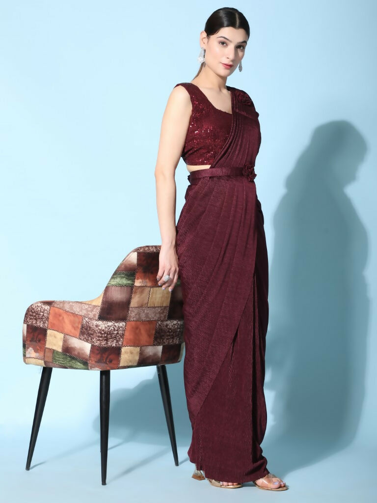 Maroon Imported Crush Lycra Texture Pattern Ready to Wear Saree with stitched Blouse - Nirvana | Grocsy