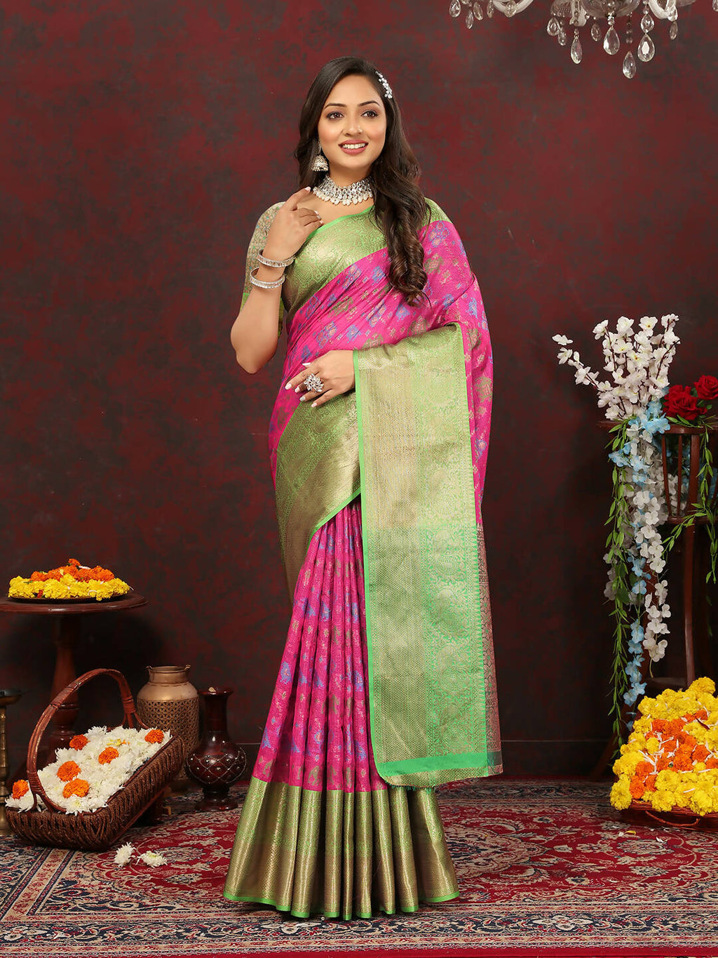 Lorenvalley Fashion Pink Cotton Woven Design Zari Meenakari Weaving Saree | Grocsy