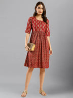 Red Cotton Ethnic Motifs Aline Dress - Poonam | Grocsy