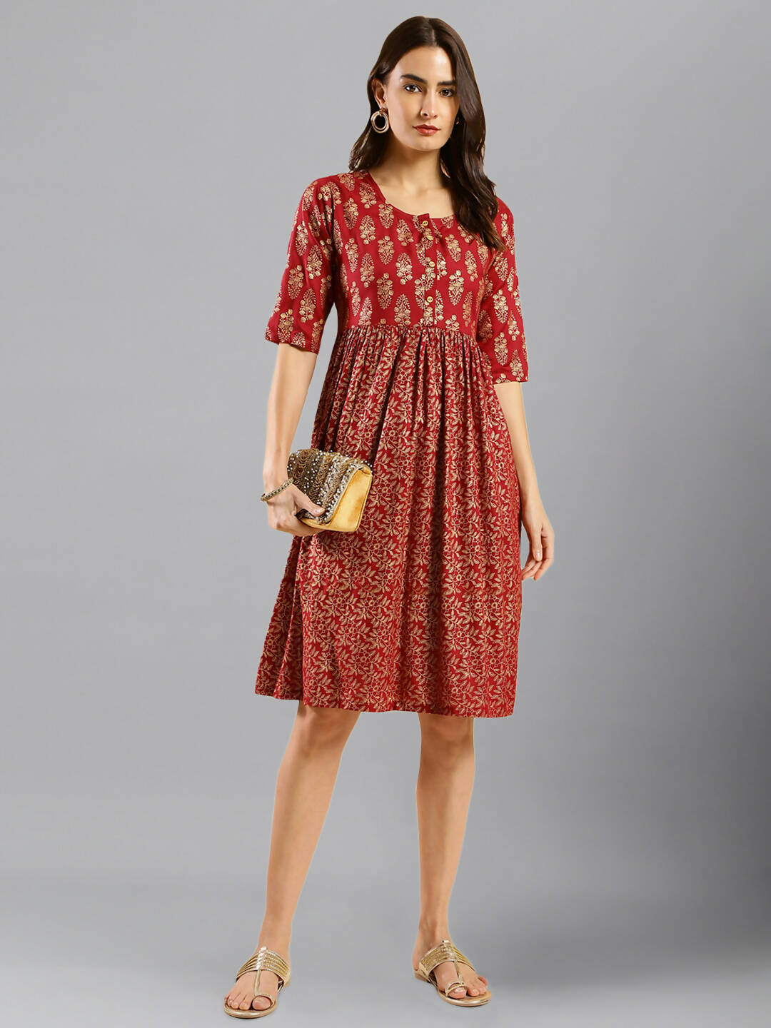 Red Cotton Ethnic Motifs Aline Dress - Poonam | Grocsy