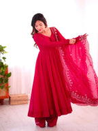 Joban Fashion Red Chinnon Silk Sequence Embroidery Work Readymade Kurta Set | Grocsy