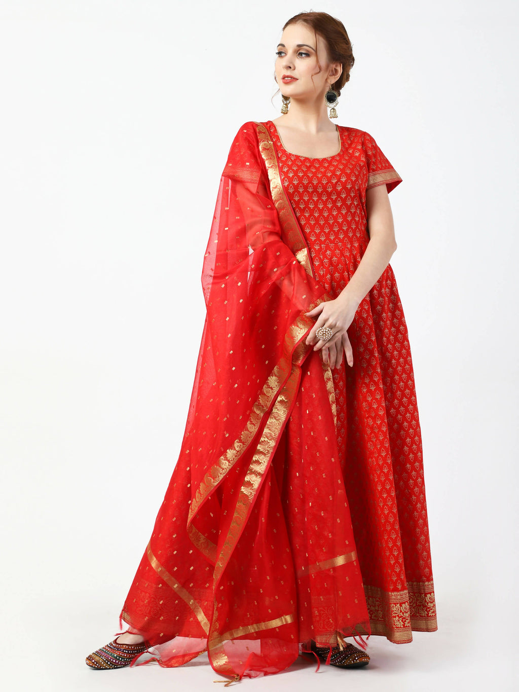 Cheera Women's Red Cotton Hand Block Print Long Dress With Silk Dupatta Set | Grocsy
