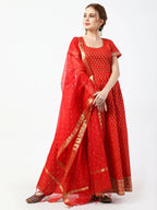 Cheera Women's Red Cotton Hand Block Print Long Dress With Silk Dupatta Set | Grocsy