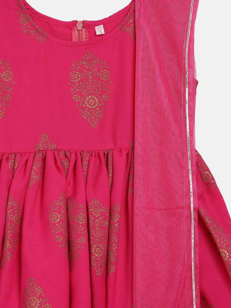 Ahalyaa Pink Rayon Printed Kids Kurta Sharara Set For Girls | Grocsy
