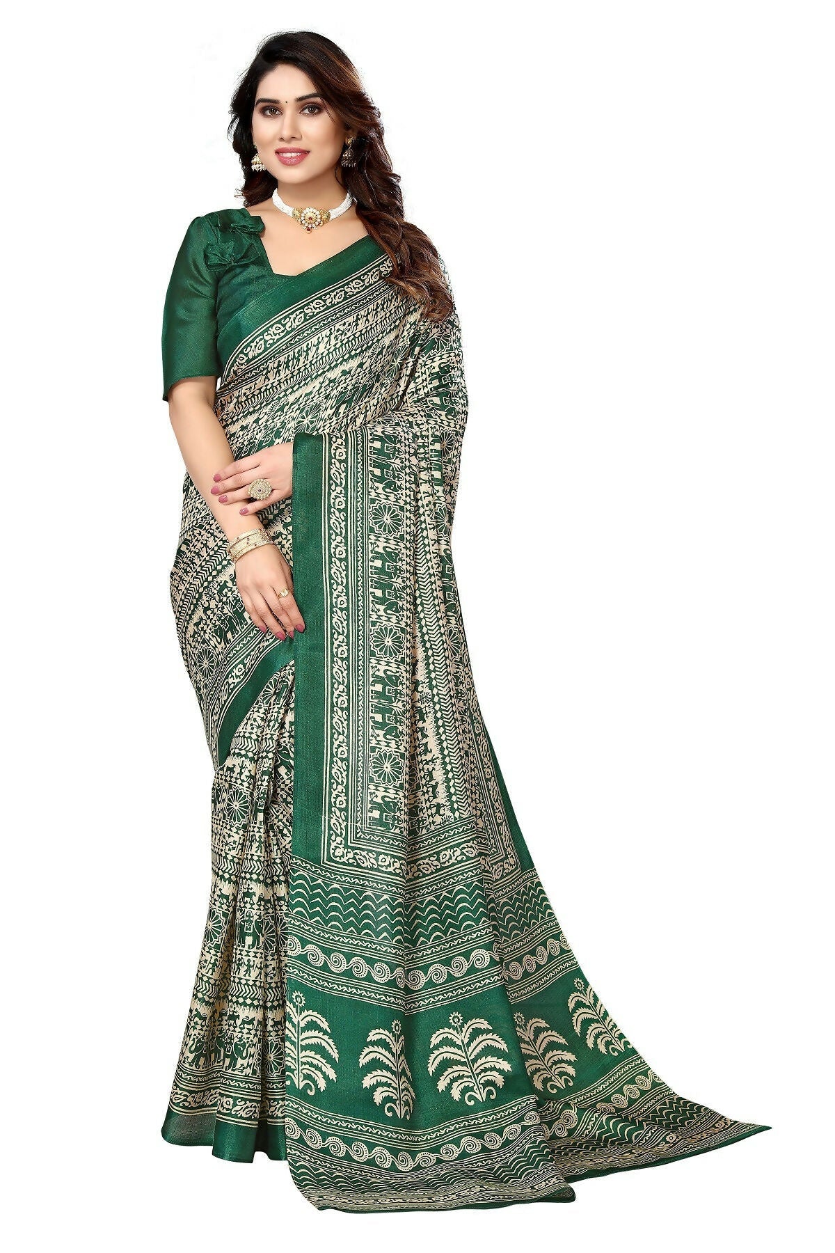 Vamika Green Printed Art Silk Saree | Grocsy
