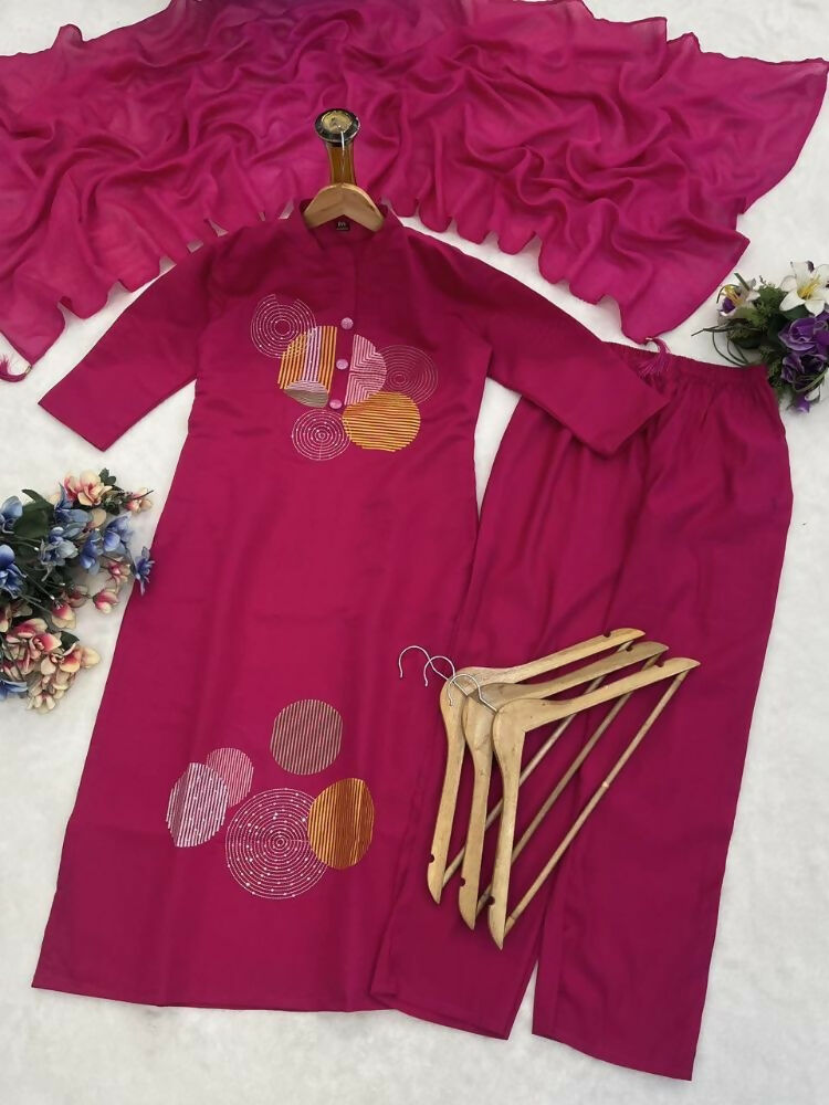 Teeya Creation Women Pink Geometric Embroidered Straight Kurta with Pants and Dupatta Set | Grocsy