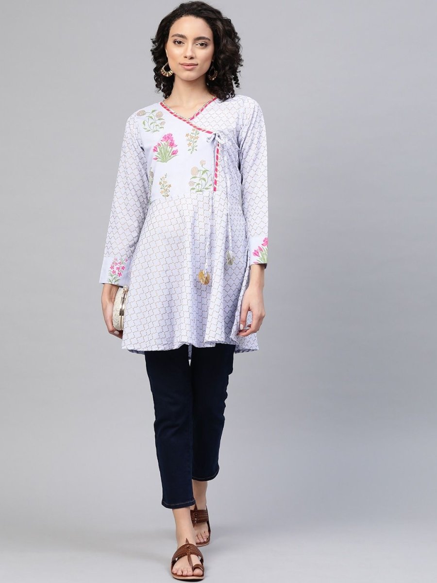 Ahalyaa Women Blue Crepe Pink & Gold Ethnic Print Angrakha Tunic | Grocsy