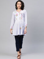 Ahalyaa Women Blue Crepe Pink & Gold Ethnic Print Angrakha Tunic | Grocsy