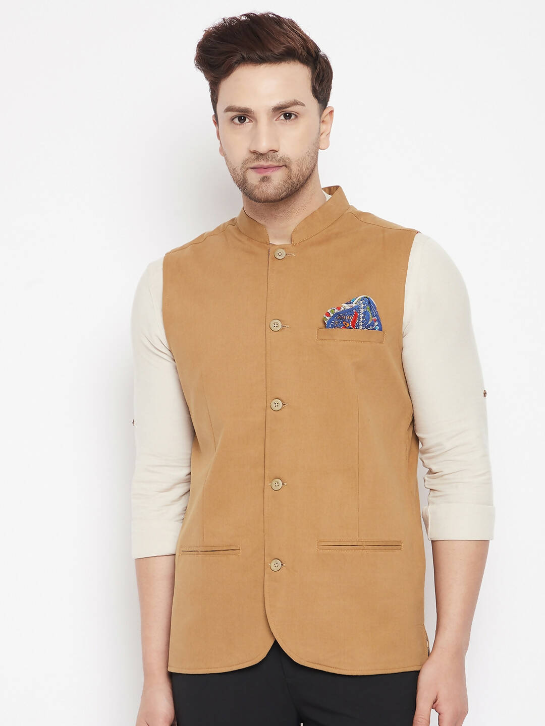 Even Apparels Brown Polyester Men's Nehru Jacket-Contrast Lining-Inbuilt Pocket Square | Grocsy