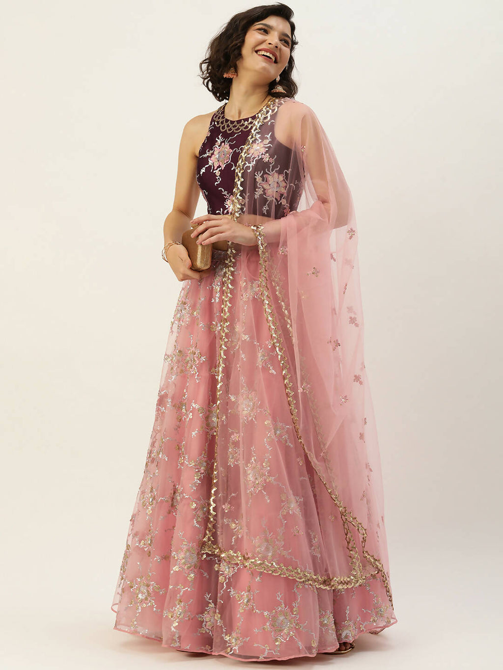 House of Panchhi Pink Net Sequins Embroideried Lehenga | Grocsy