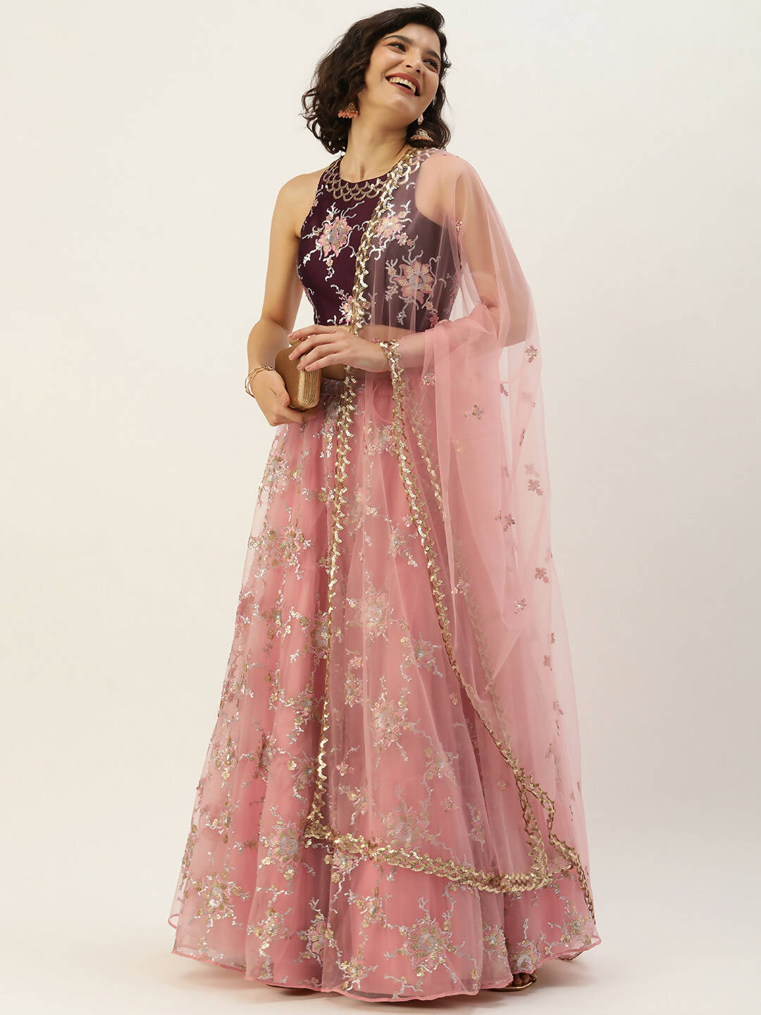 House of Panchhi Pink Net Sequins Embroideried Lehenga | Grocsy