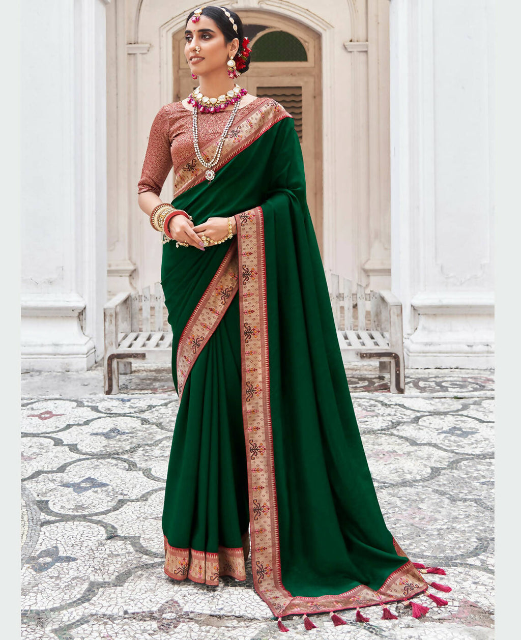 Green Vichitra Solid Saree With Unstitched Blouse Piece - Juhi | Grocsy