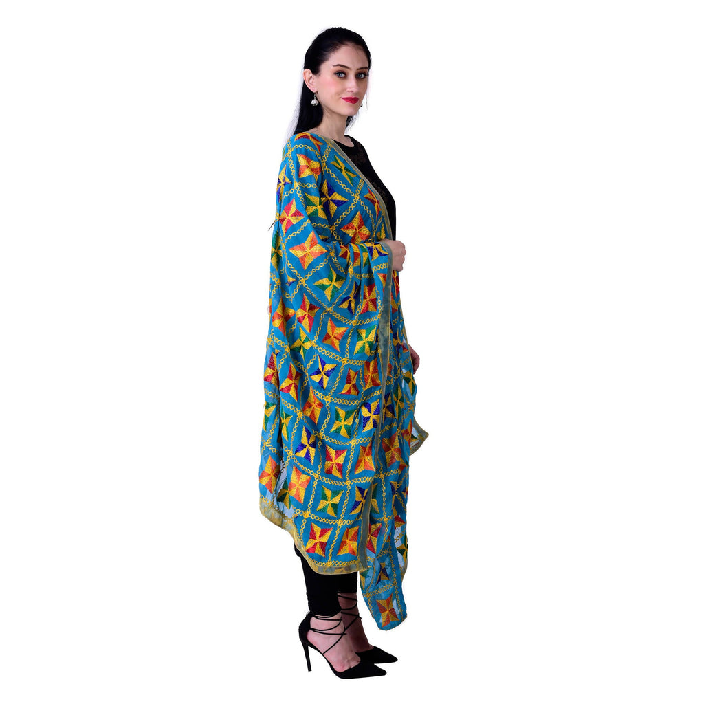 SWI Stylish Women's Embroidered Phulkari Chiffon Turquoise Dupatta | Grocsy