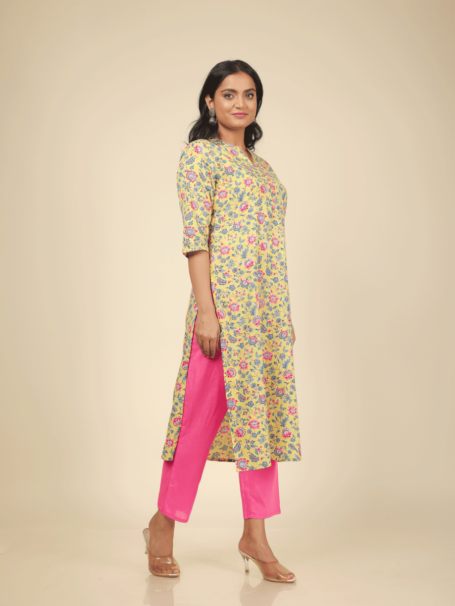 Aramya Straight Soft Cotton Floral Print Women's Kurta - Yellow | Grocsy