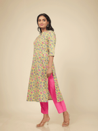 Aramya Straight Soft Cotton Floral Print Women's Kurta Set - Yellow | Grocsy
