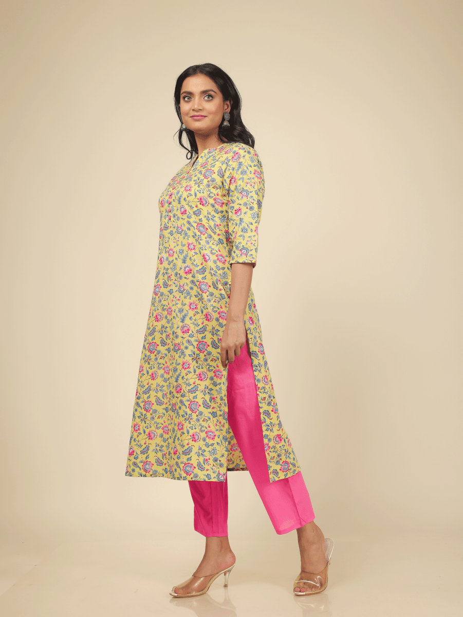 Aramya Straight Soft Cotton Floral Print Women's Kurta Set - Yellow | Grocsy