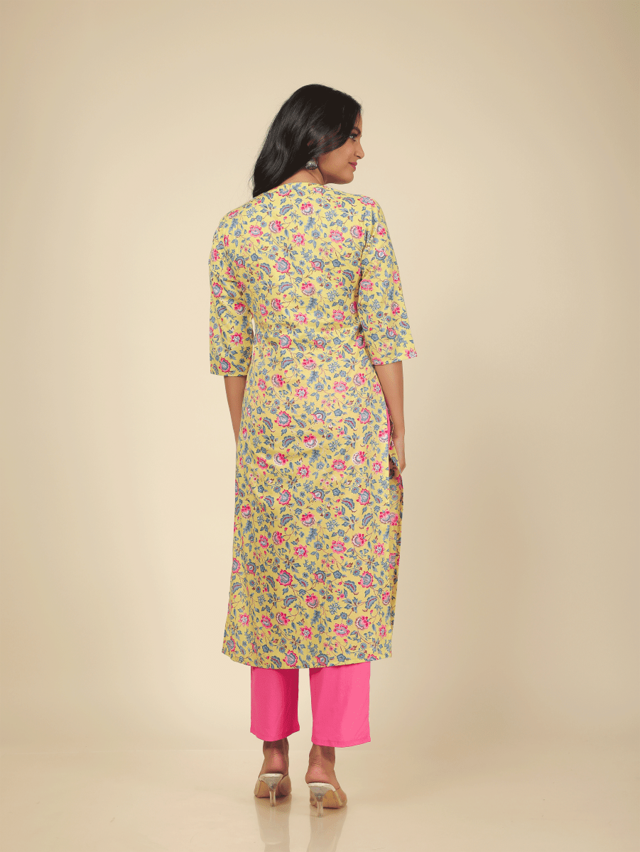 Aramya Straight Soft Cotton Floral Print Women's Kurta Set - Yellow | Grocsy