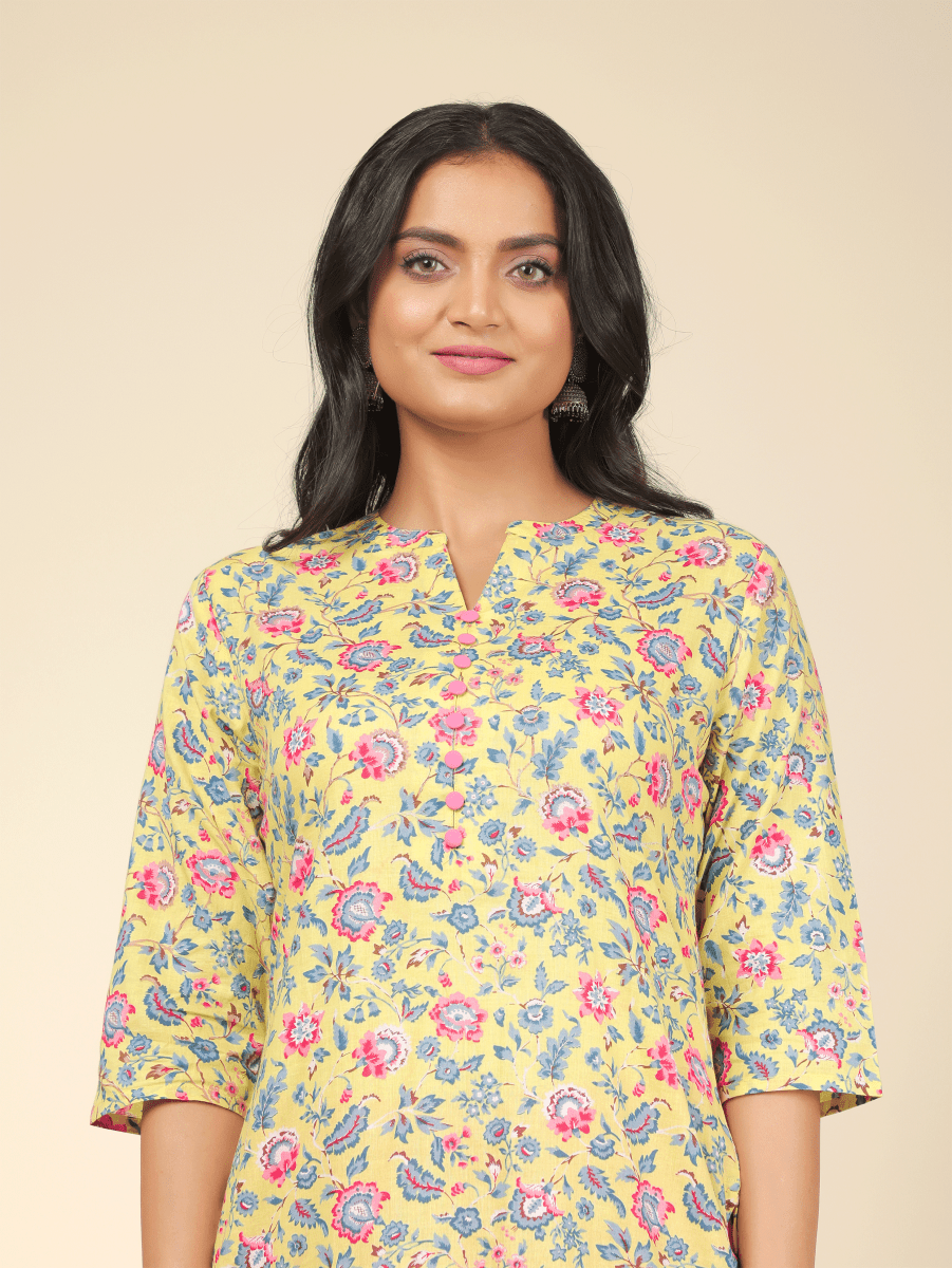 Aramya Straight Soft Cotton Floral Print Women's Kurta - Yellow | Grocsy