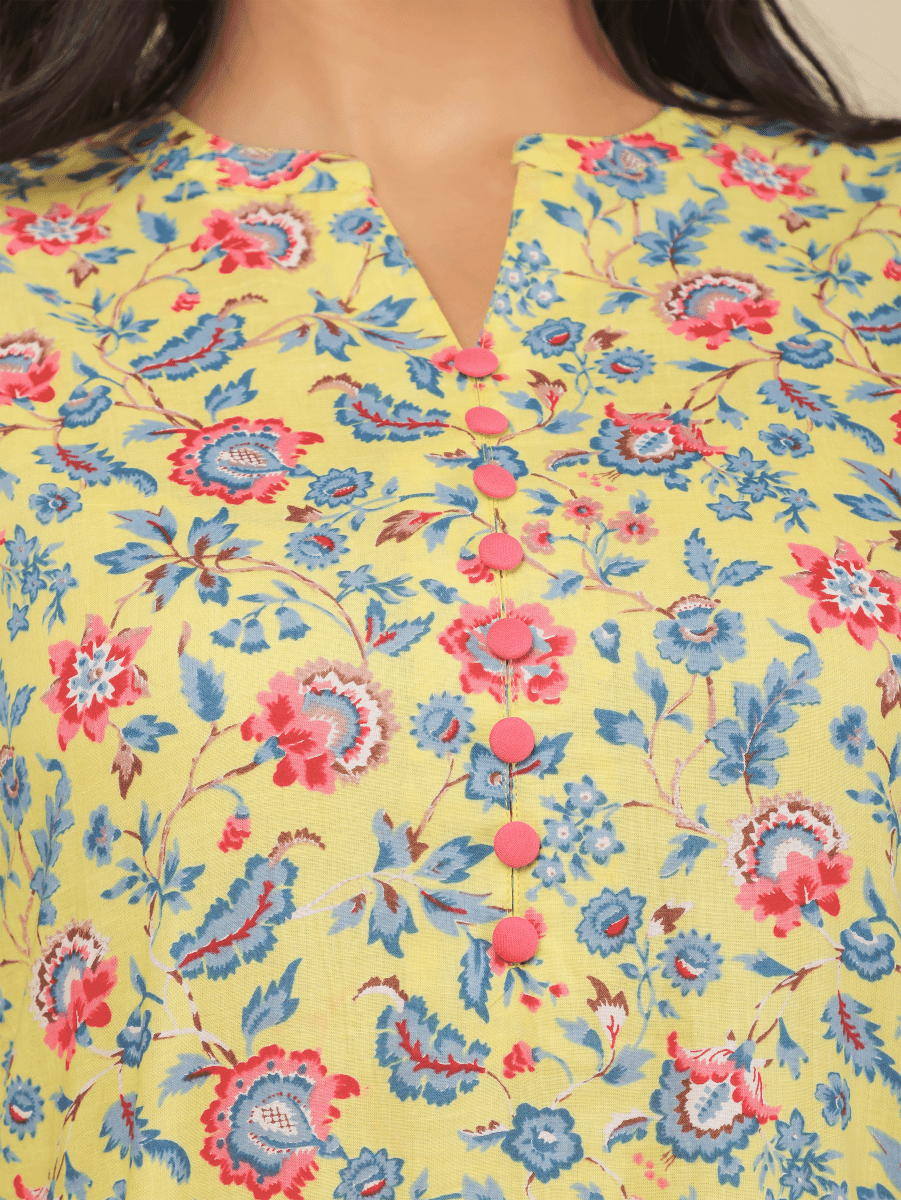 Aramya Straight Soft Cotton Floral Print Women's Kurta - Yellow | Grocsy