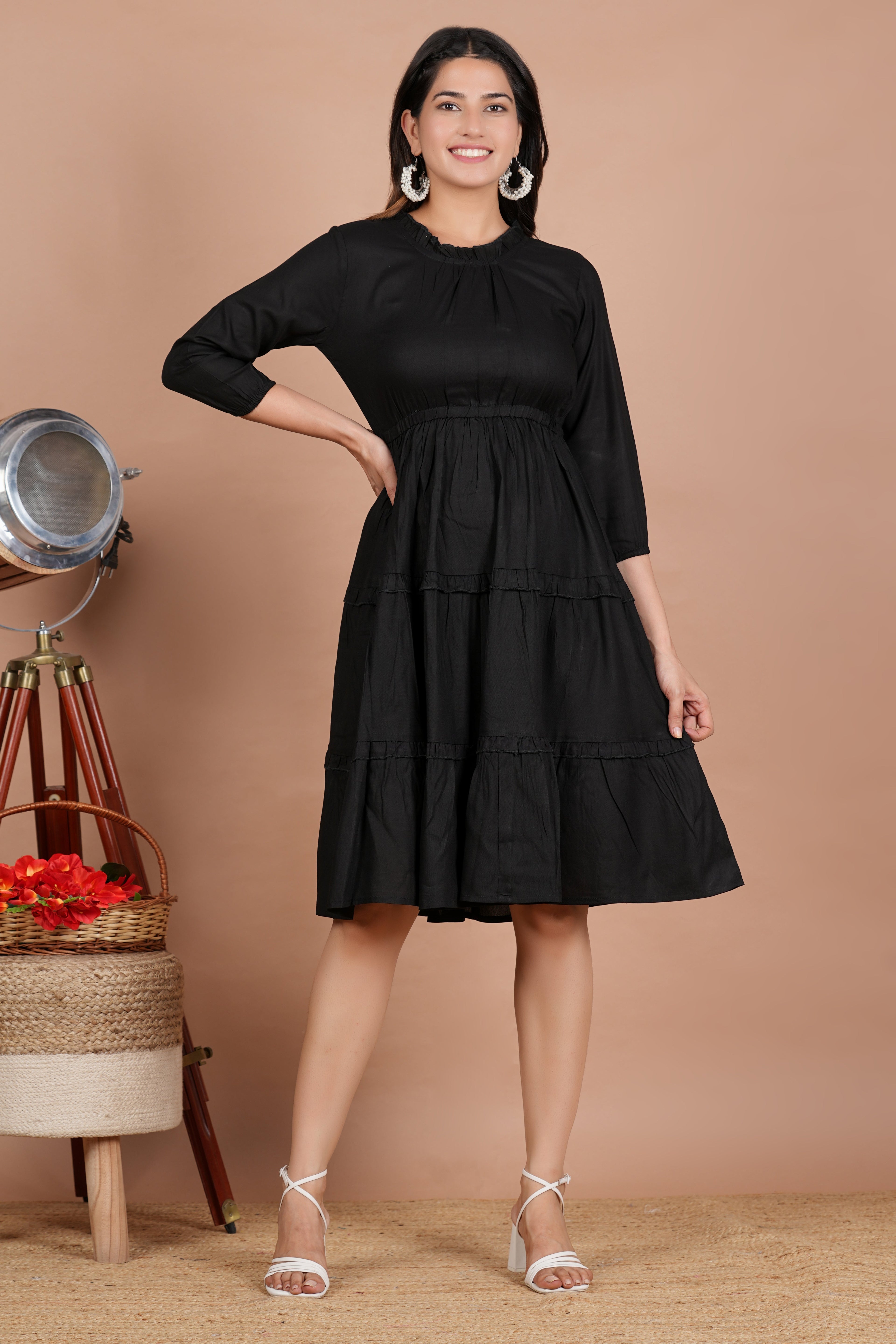 House of RP Women's Black Cotton Solid Tiered Dress | Grocsy