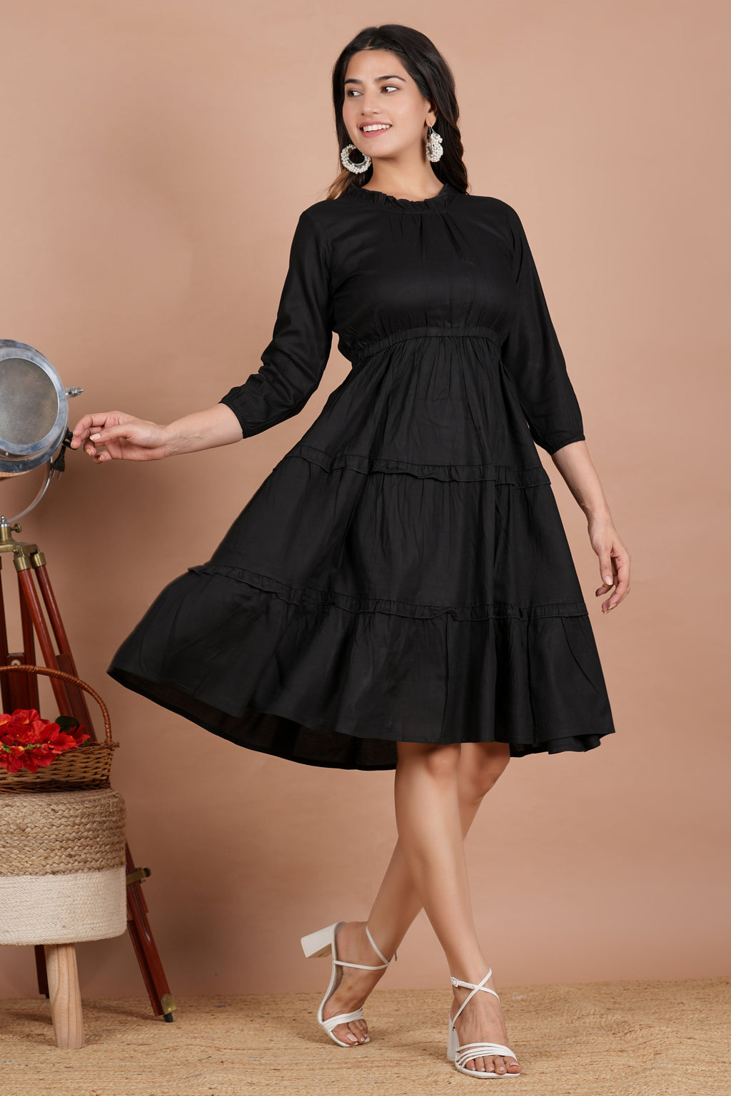 House of RP Women's Black Cotton Solid Tiered Dress | Grocsy