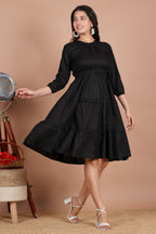 House of RP Women's Black Cotton Solid Tiered Dress | Grocsy