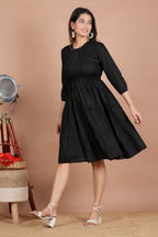House of RP Women's Black Cotton Solid Tiered Dress | Grocsy