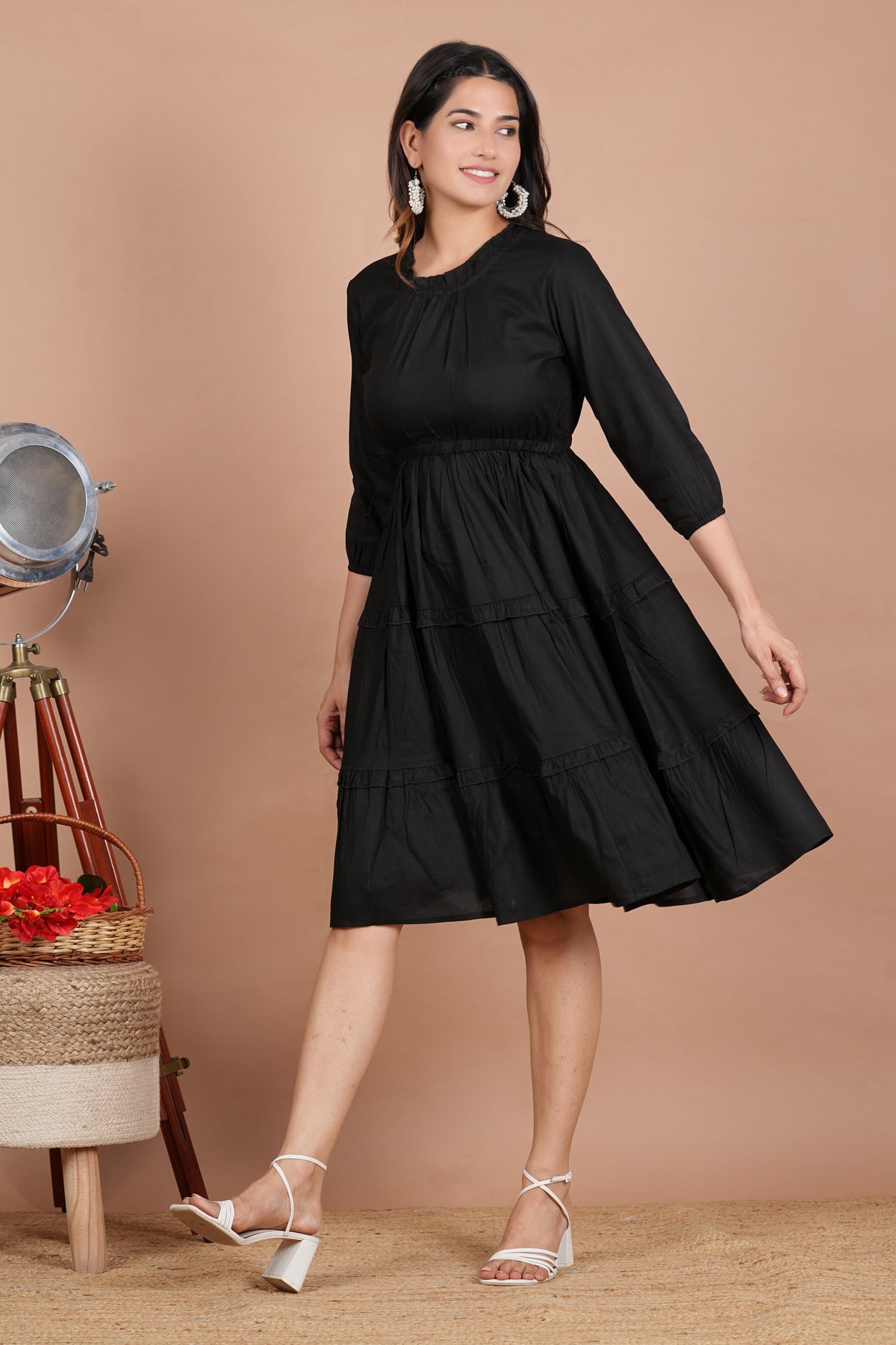 House of RP Women's Black Cotton Solid Tiered Dress | Grocsy