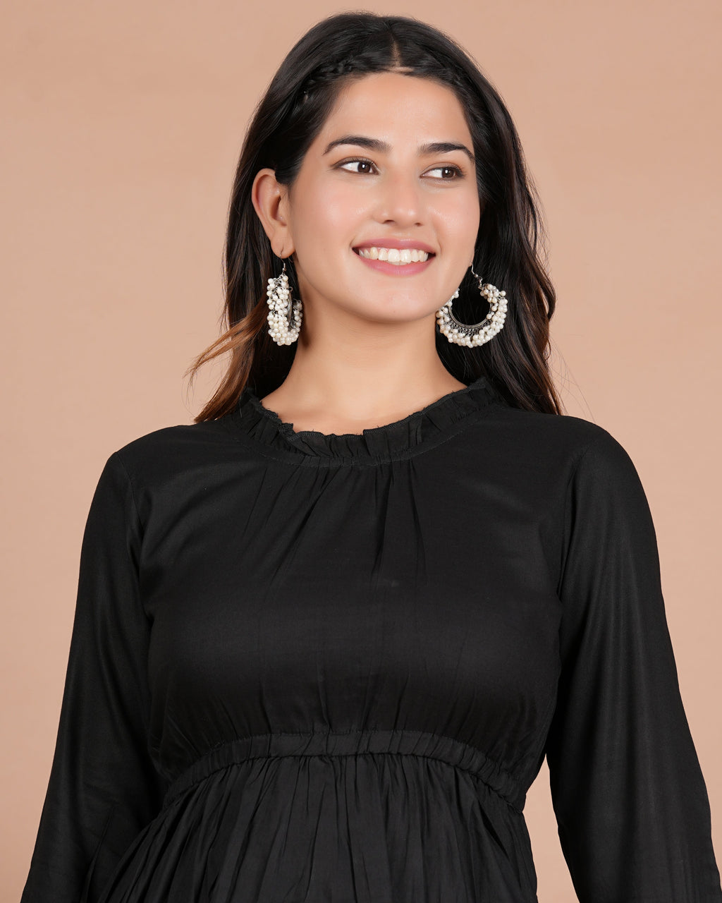 House of RP Women's Black Cotton Solid Tiered Dress | Grocsy