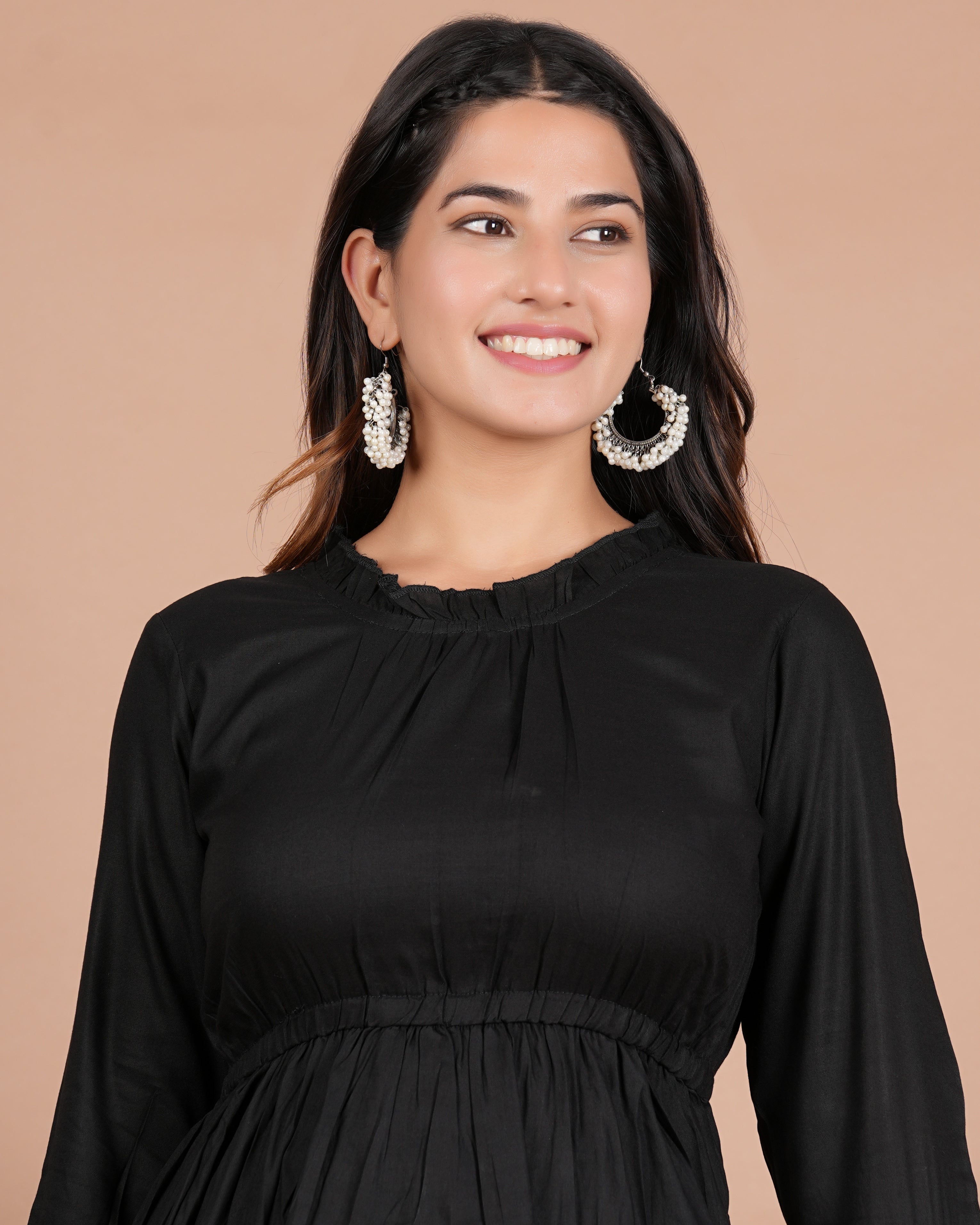 House of RP Women's Black Cotton Solid Tiered Dress | Grocsy