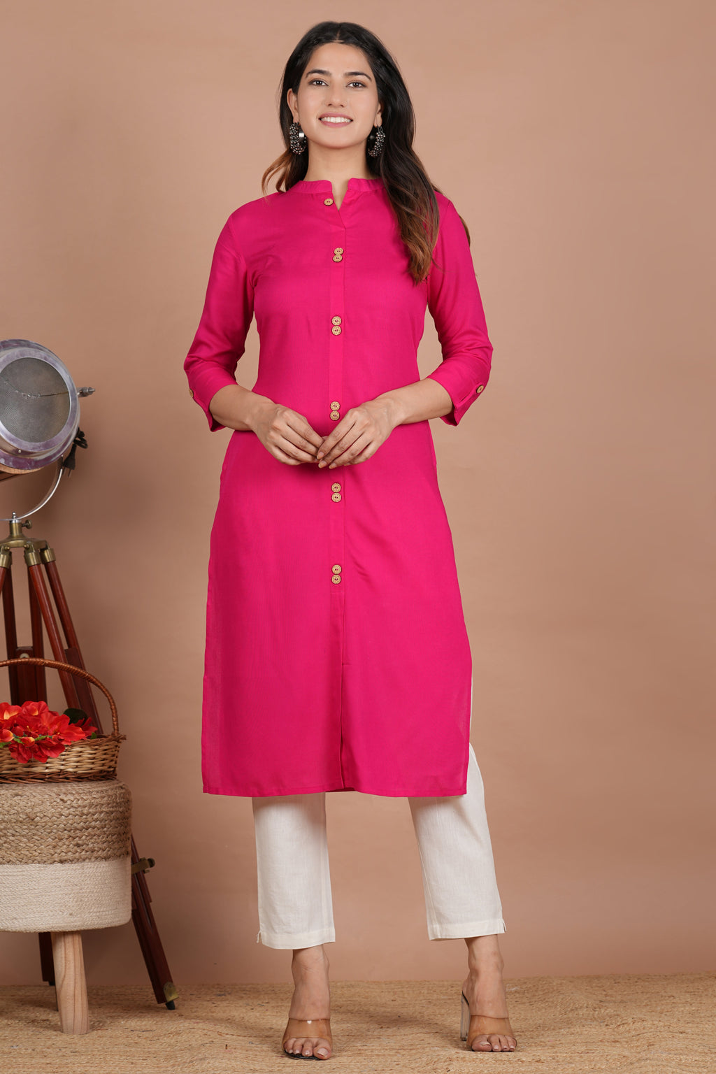 House of RP Women's Pink Rayon Solid Frontslit Kurta | Grocsy