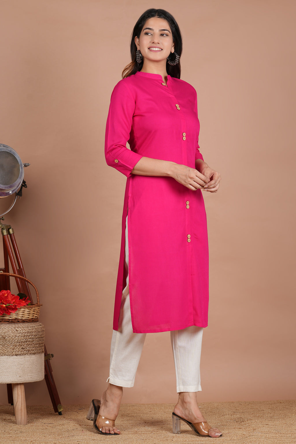 House of RP Women's Pink Rayon Solid Frontslit Kurta | Grocsy