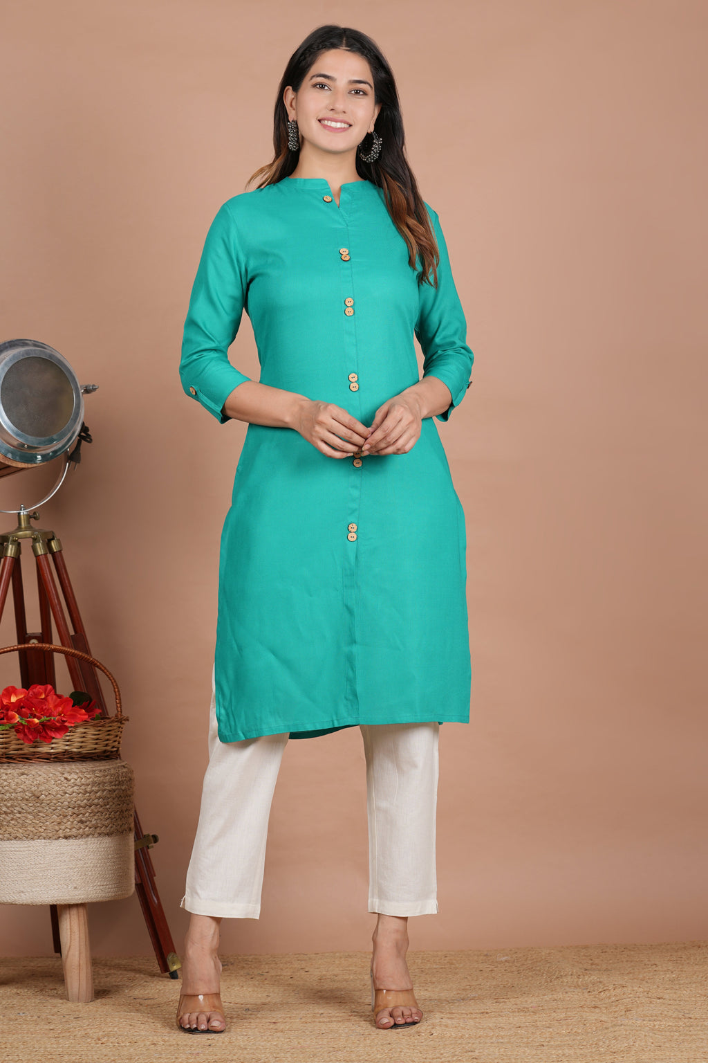 House of RP Women's Trquoise Rayon Solid Frontslit Kurta | Grocsy