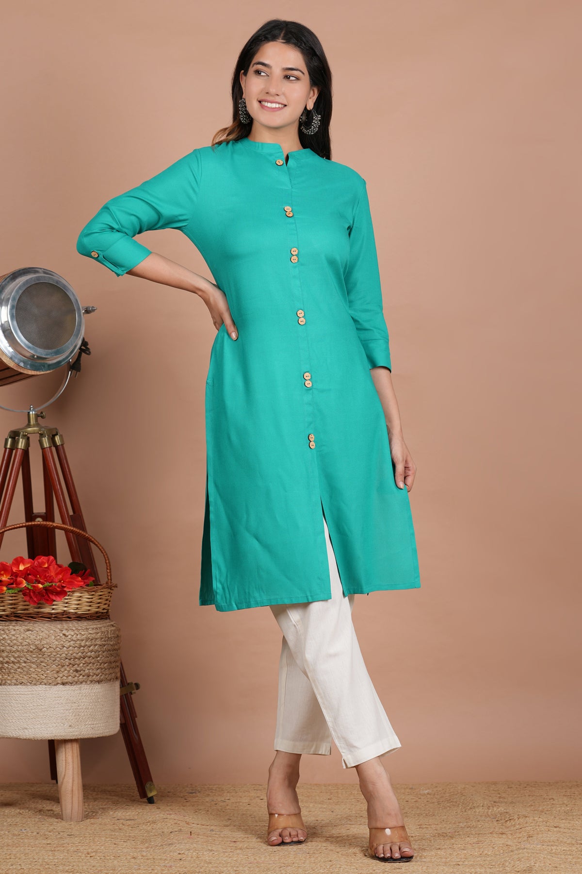 House of RP Women's Trquoise Rayon Solid Frontslit Kurta | Grocsy