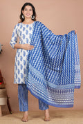 House of RP Women's White & Aqua Blue Cotton Kurta, Pant & Dupatta Set | Grocsy