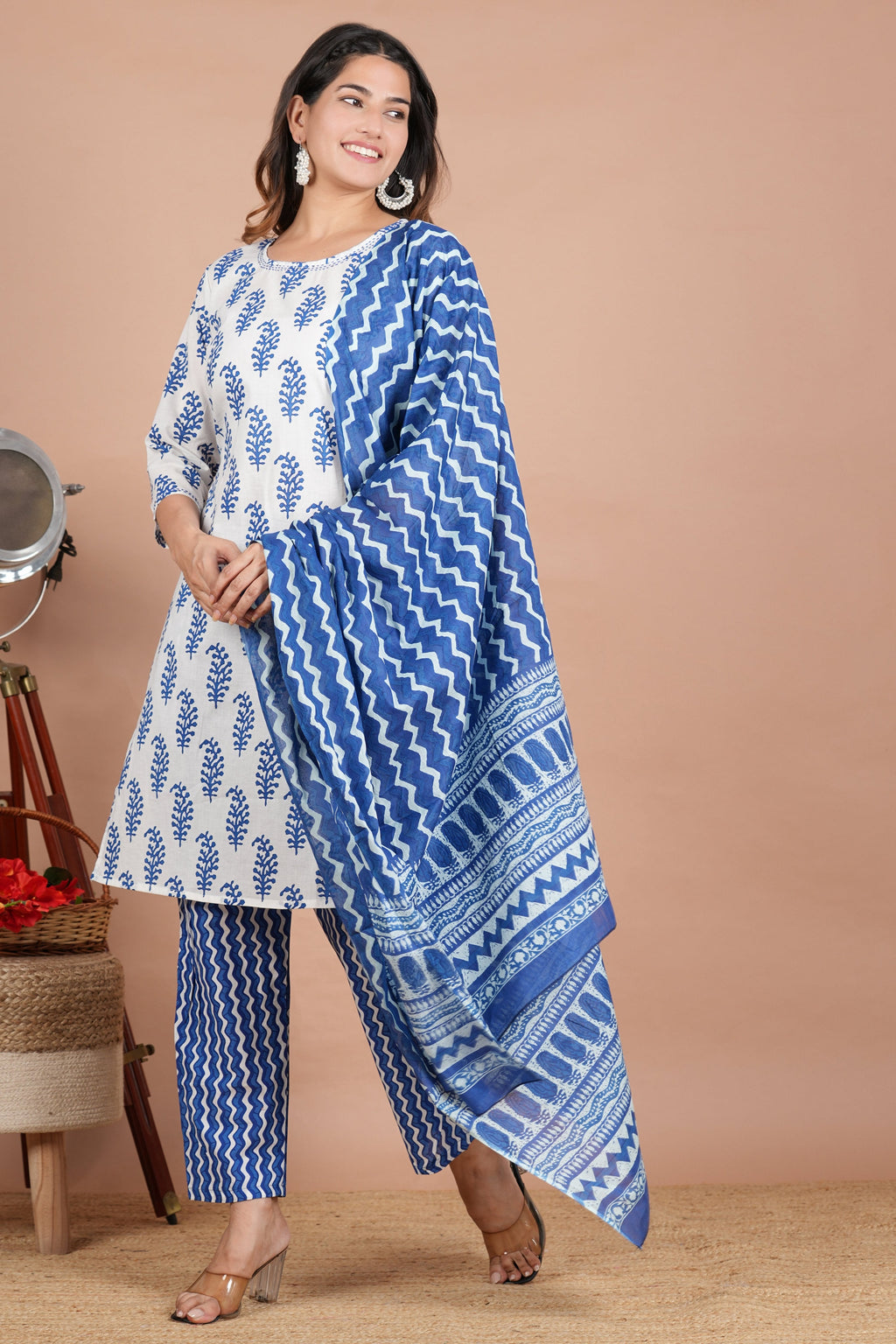 House of RP Women's White & Aqua Blue Cotton Kurta, Pant & Dupatta Set | Grocsy