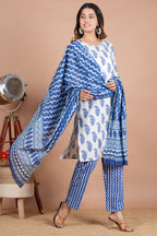 House of RP Women's White & Aqua Blue Cotton Kurta, Pant & Dupatta Set | Grocsy