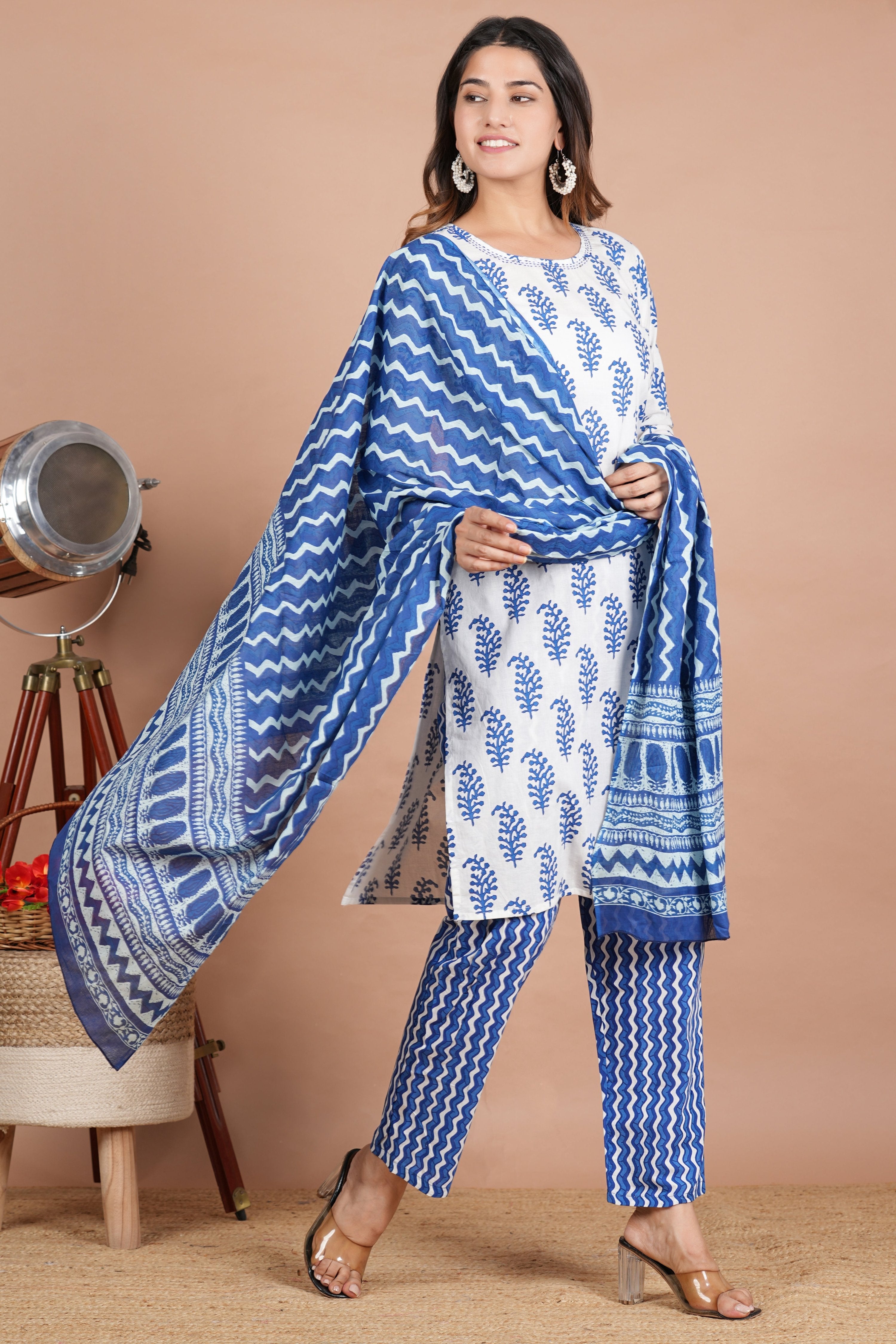 House of RP Women's White & Aqua Blue Cotton Kurta, Pant & Dupatta Set | Grocsy