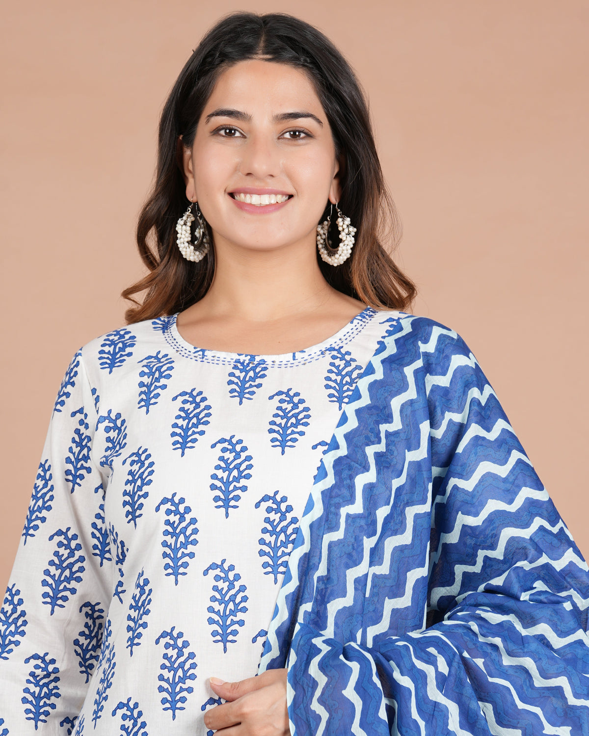 House of RP Women's White & Aqua Blue Cotton Kurta, Pant & Dupatta Set | Grocsy