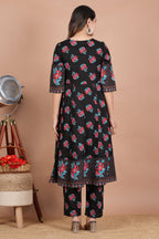 House of RP Women's Black Floral Cotton Kurta, Pant Set | Grocsy