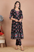 House of RP Women's Black Floral Cotton Kurta, Pant Set | Grocsy