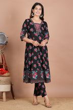 House of RP Women's Black Floral Cotton Kurta, Pant Set | Grocsy