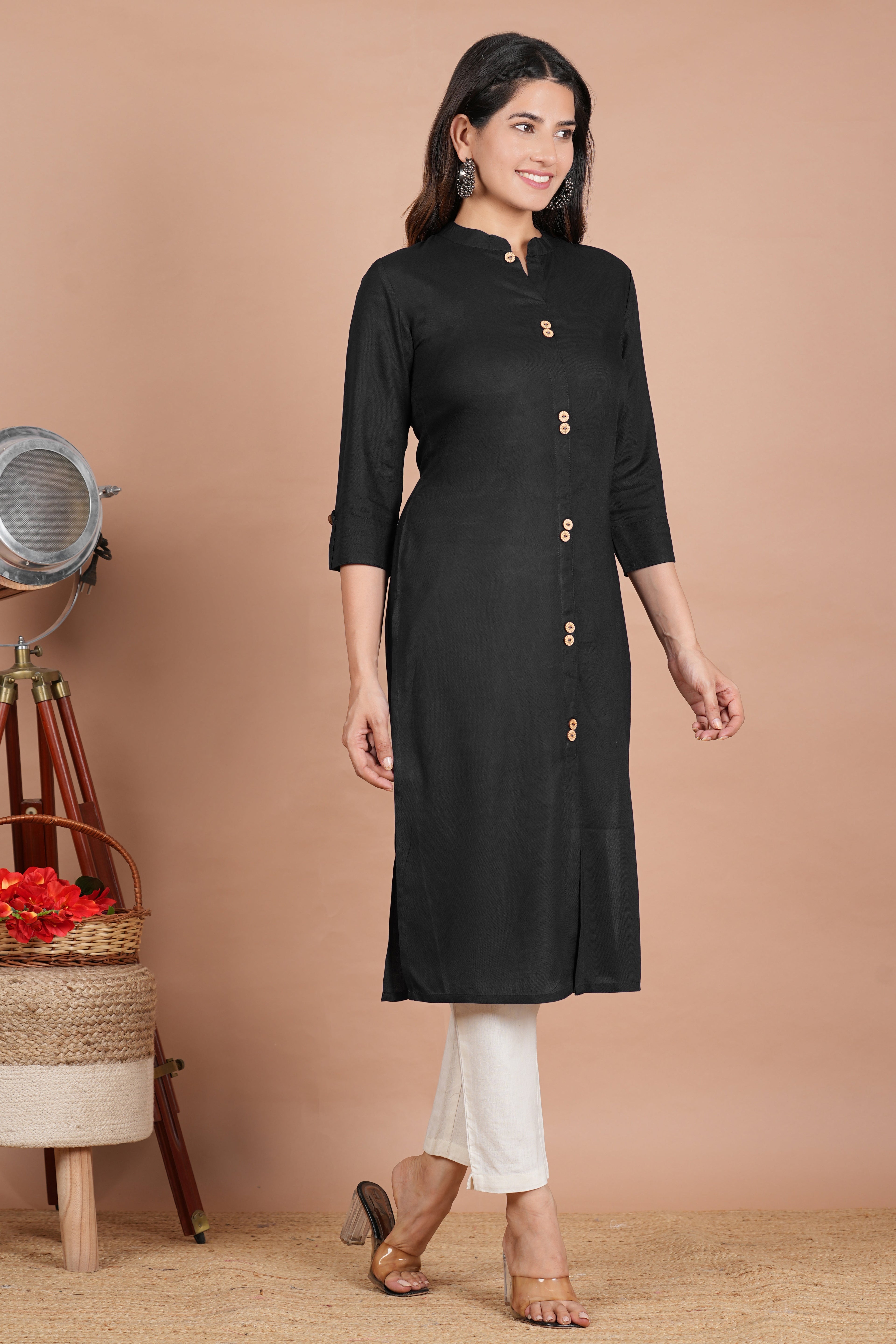 House of RP Women's Black Rayon Solid Frontslit Kurta | Grocsy