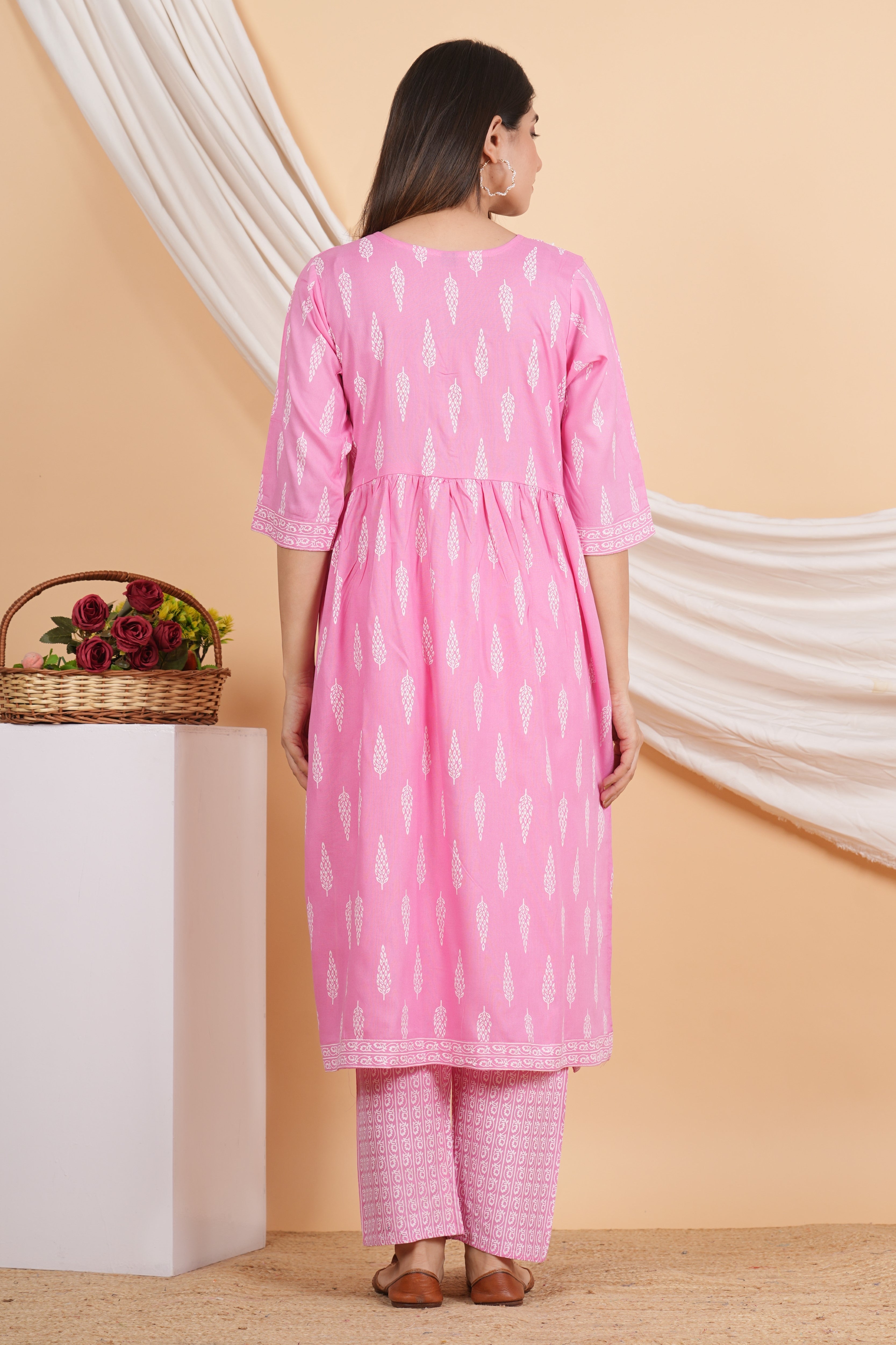 House of RP Women Pink Rayon Naira Cut Emboridered & Printed Kurta & Pant Set | Grocsy